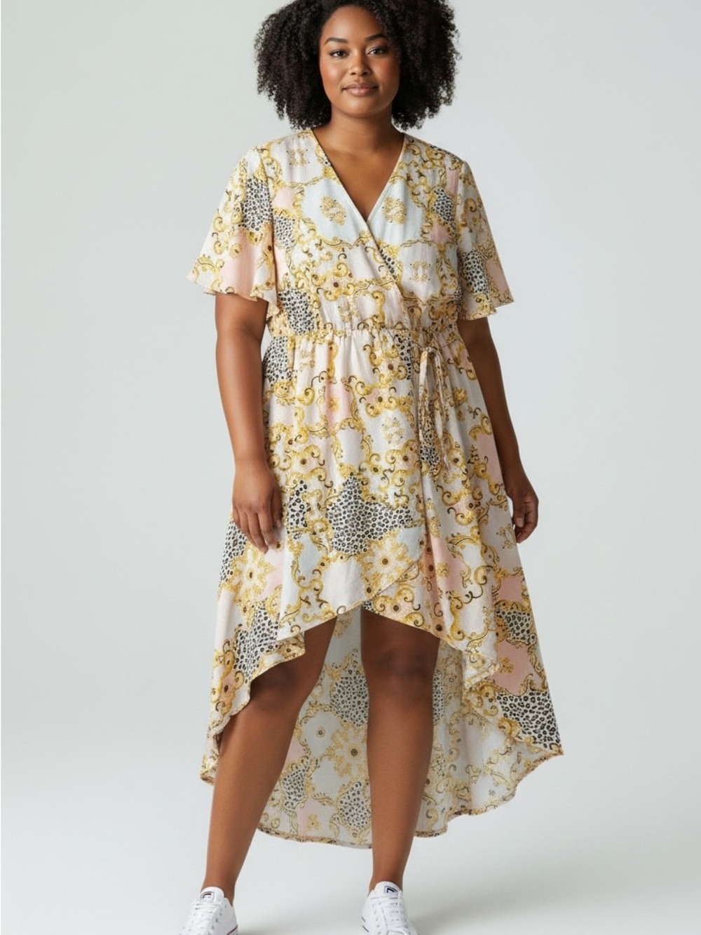 👗2X Printed Hi-Lo V-Neck Dress in Pale Pink and Gold ((NWT))👗